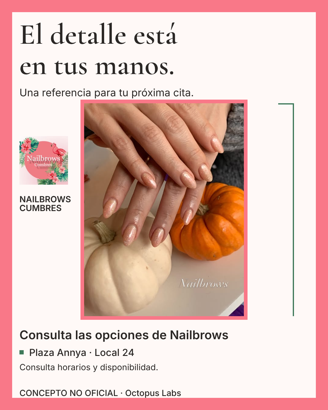 Concepto no oficial de Nailbrows: El detalle está en tus manos. Fotografía publicada por el negocio y composición propia de muestra. Fotografía del perfil de Nailbrows; consulta disponibilidad.